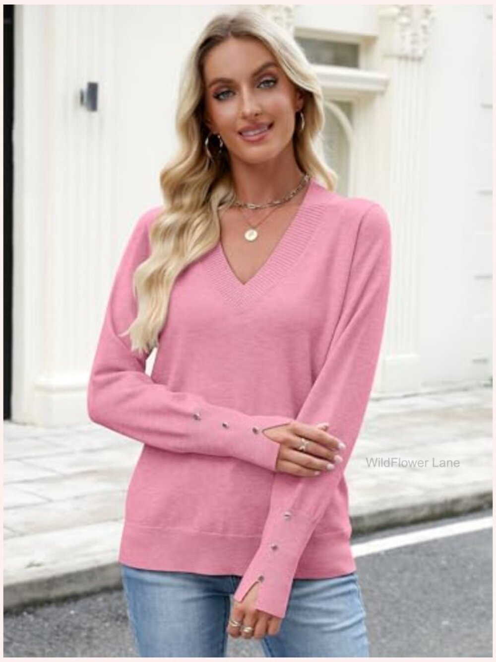 Long Sleeve V Neck Knit Pullover Sweater for Women Business Casual - Picture 2 of 7